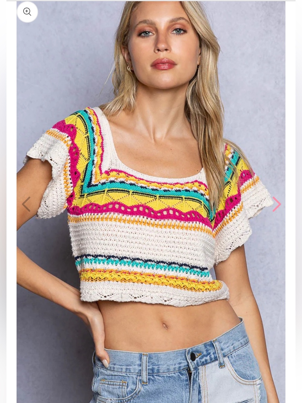 New: POL Crochet Knit Colorful Boho Flutter Short Sleeve Crop Top• Large